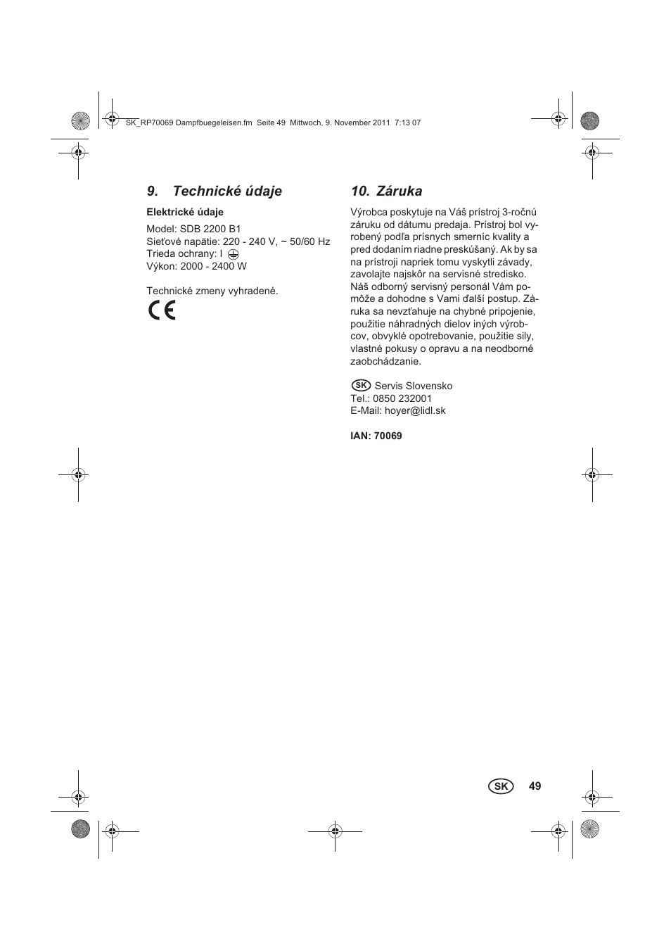 Technické údaje, Záruka | Silvercrest SDB 2200 B1 User Manual | Page 51 / 62