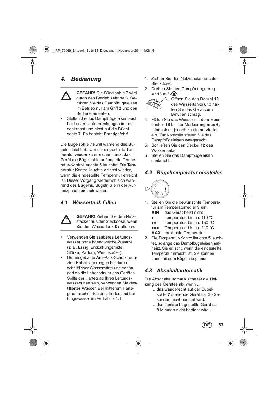 Bedienung, 1 wassertank füllen, 2 bügeltemperatur einstellen | 3 abschaltautomatik | Silvercrest SDB 2200 B1 User Manual | Page 55 / 62