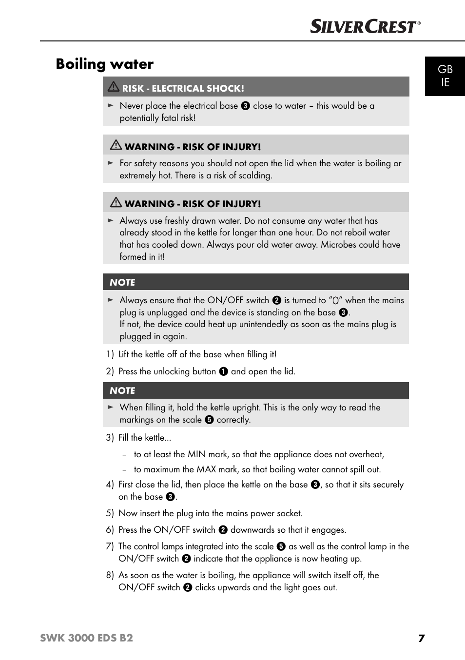 Boiling water, Gb ie | Silvercrest SWK 3000 EDS B2 User Manual | Page 10 / 76