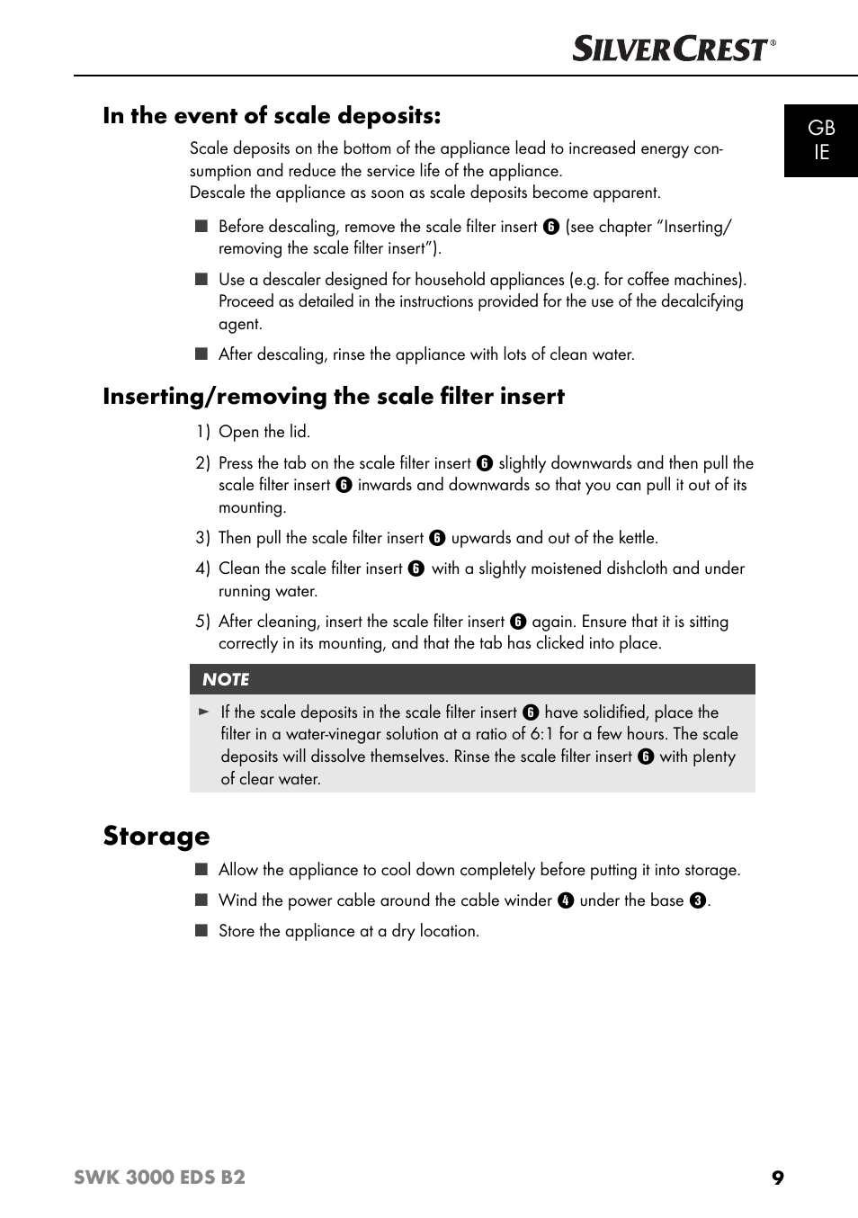 Storage, Inserting/removing the scale ﬁ lter insert, Gb ie | Silvercrest SWK 3000 EDS B2 User Manual | Page 12 / 76