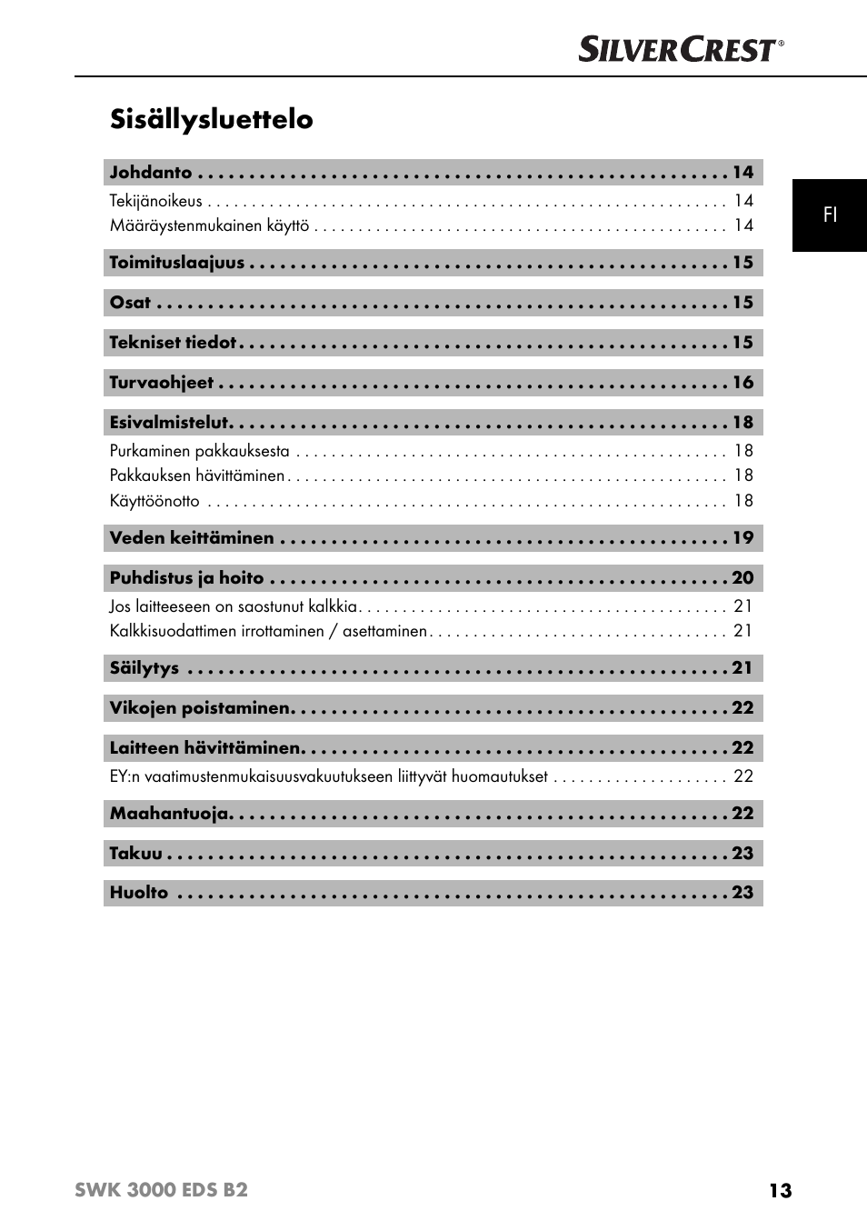 Sisällysluettelo | Silvercrest SWK 3000 EDS B2 User Manual | Page 16 / 76