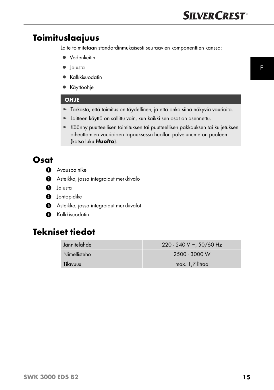 Toimituslaajuus, Osat, Tekniset tiedot | Silvercrest SWK 3000 EDS B2 User Manual | Page 18 / 76