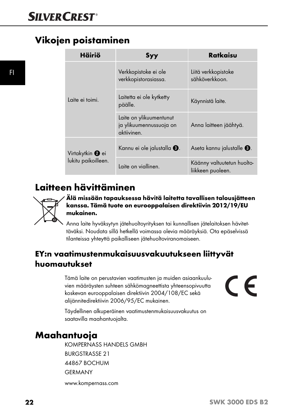 Vikojen poistaminen, Laitteen hävittäminen, Maahantuoja | Silvercrest SWK 3000 EDS B2 User Manual | Page 25 / 76