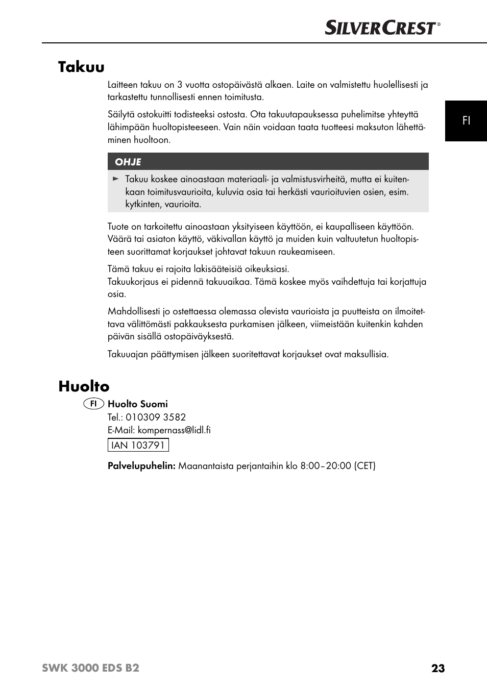 Takuu, Huolto | Silvercrest SWK 3000 EDS B2 User Manual | Page 26 / 76