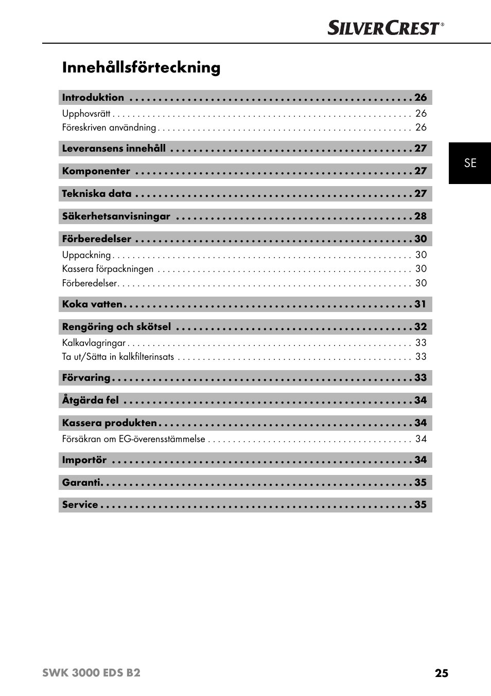 Innehållsförteckning | Silvercrest SWK 3000 EDS B2 User Manual | Page 28 / 76