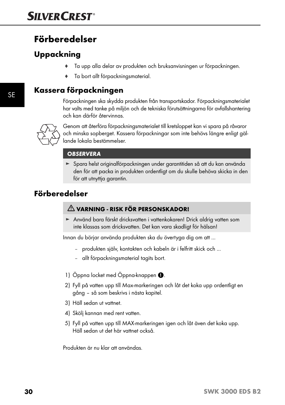 Förberedelser, Uppackning, Kassera förpackningen | Silvercrest SWK 3000 EDS B2 User Manual | Page 33 / 76