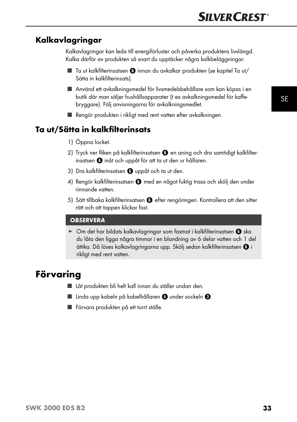 Förvaring, Kalkavlagringar, Ta ut/sätta in kalkﬁ lterinsats | Silvercrest SWK 3000 EDS B2 User Manual | Page 36 / 76