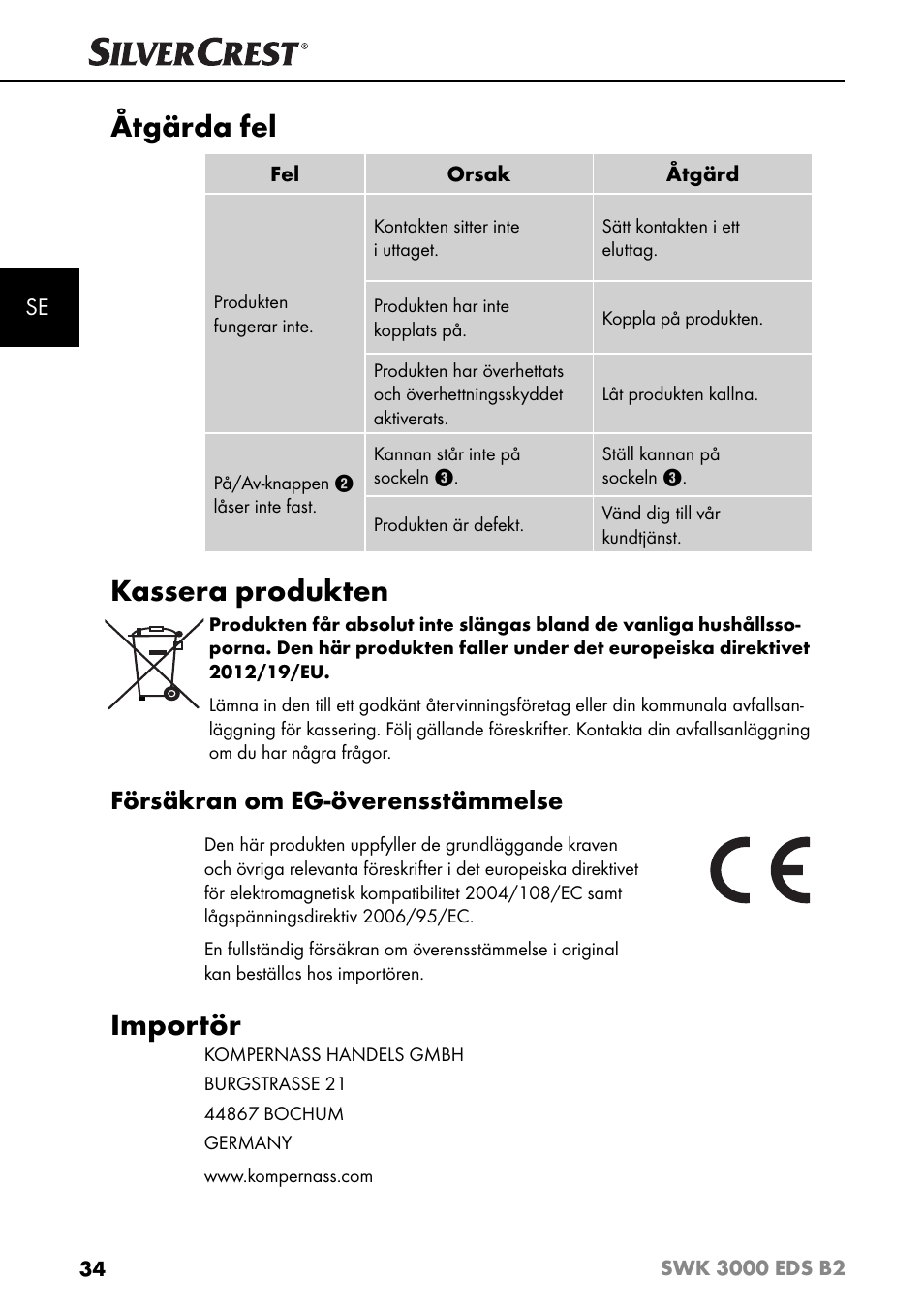 Åtgärda fel, Kassera produkten, Importör | Försäkran om eg-överensstämmelse | Silvercrest SWK 3000 EDS B2 User Manual | Page 37 / 76