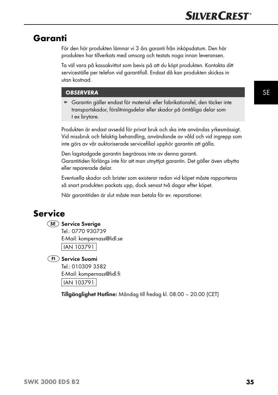 Garanti, Service | Silvercrest SWK 3000 EDS B2 User Manual | Page 38 / 76