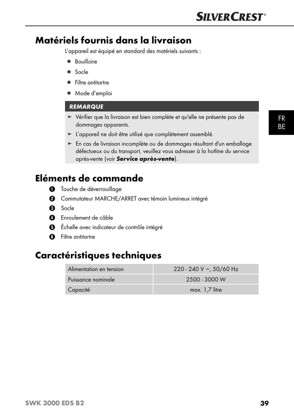 Matériels fournis dans la livraison, Eléments de commande, Caractéristiques techniques | Fr be | Silvercrest SWK 3000 EDS B2 User Manual | Page 42 / 76