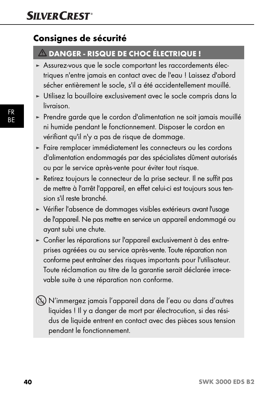 Consignes de sécurité, Danger - risque de choc électrique | Silvercrest SWK 3000 EDS B2 User Manual | Page 43 / 76