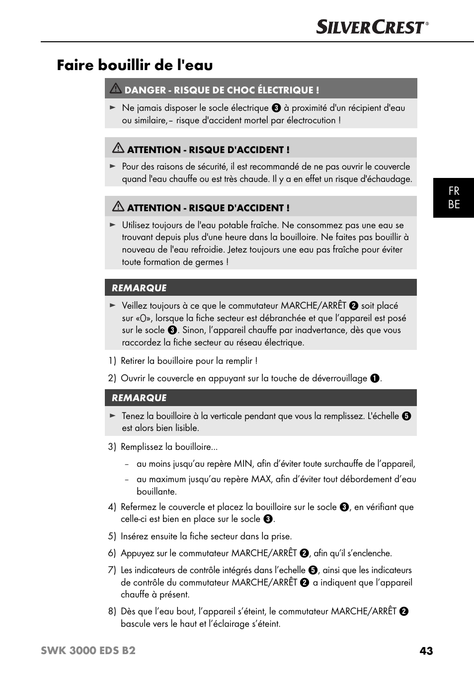 Faire bouillir de l'eau, Fr be | Silvercrest SWK 3000 EDS B2 User Manual | Page 46 / 76