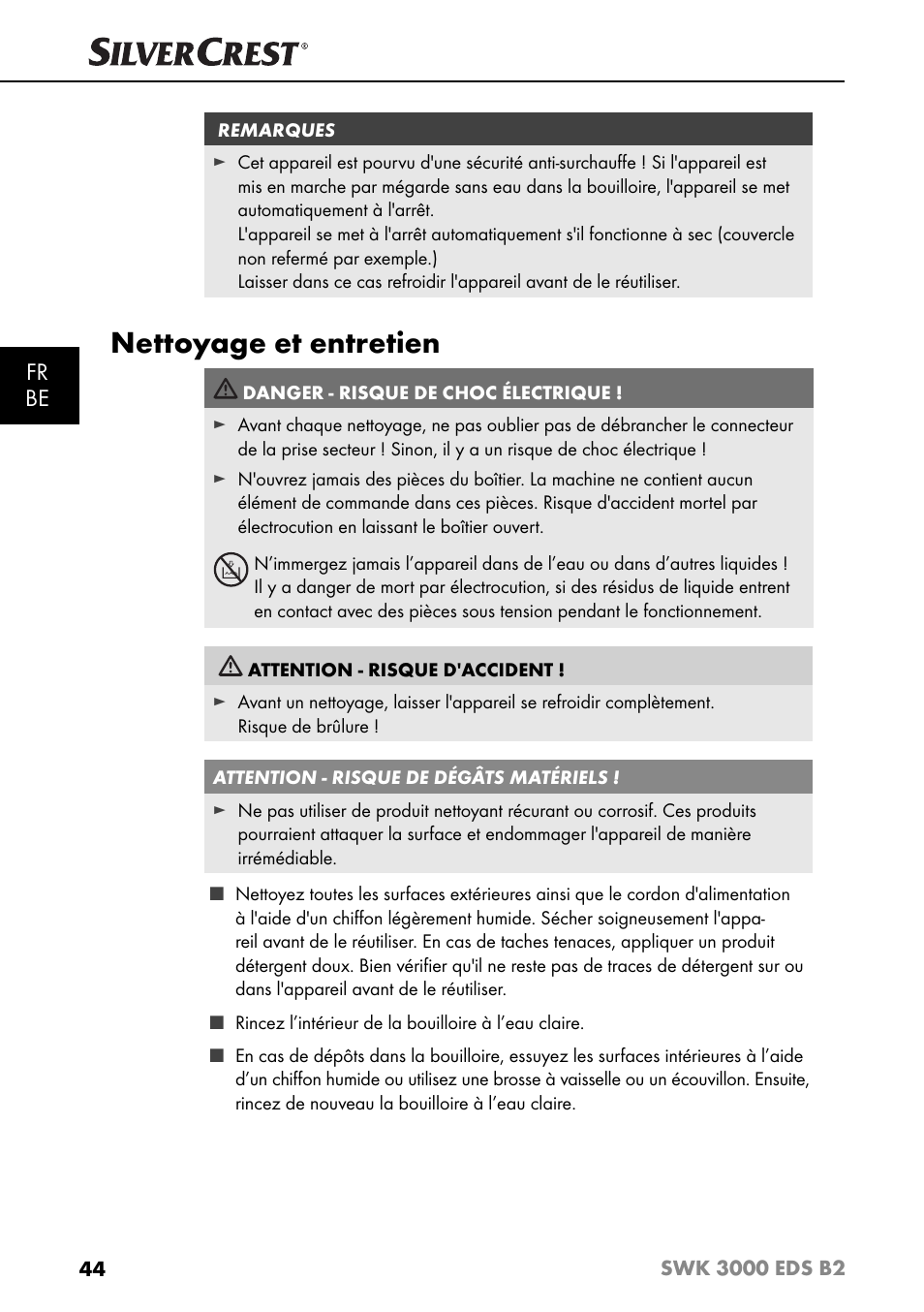 Nettoyage et entretien, Fr be | Silvercrest SWK 3000 EDS B2 User Manual | Page 47 / 76