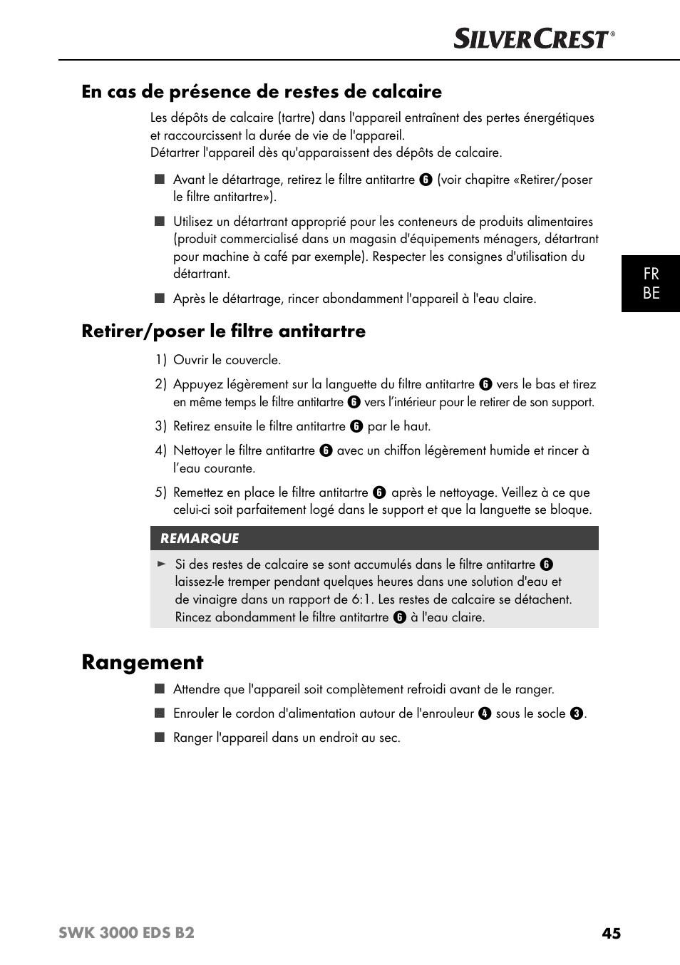Rangement, En cas de présence de restes de calcaire, Retirer/poser le ﬁ ltre antitartre | Fr be | Silvercrest SWK 3000 EDS B2 User Manual | Page 48 / 76
