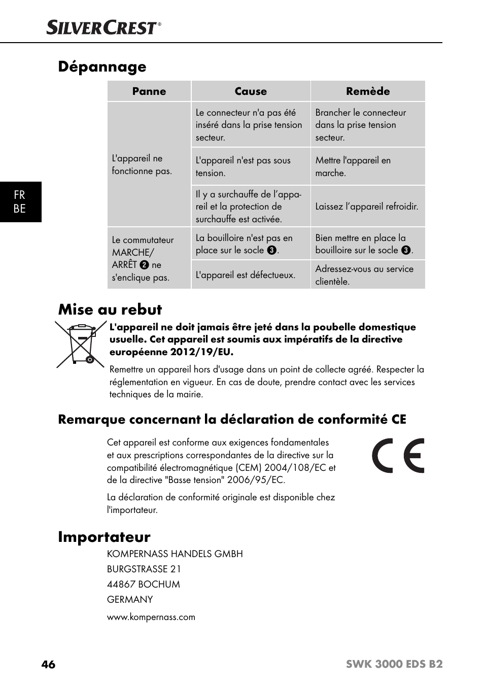 Dépannage, Mise au rebut, Importateur | Silvercrest SWK 3000 EDS B2 User Manual | Page 49 / 76