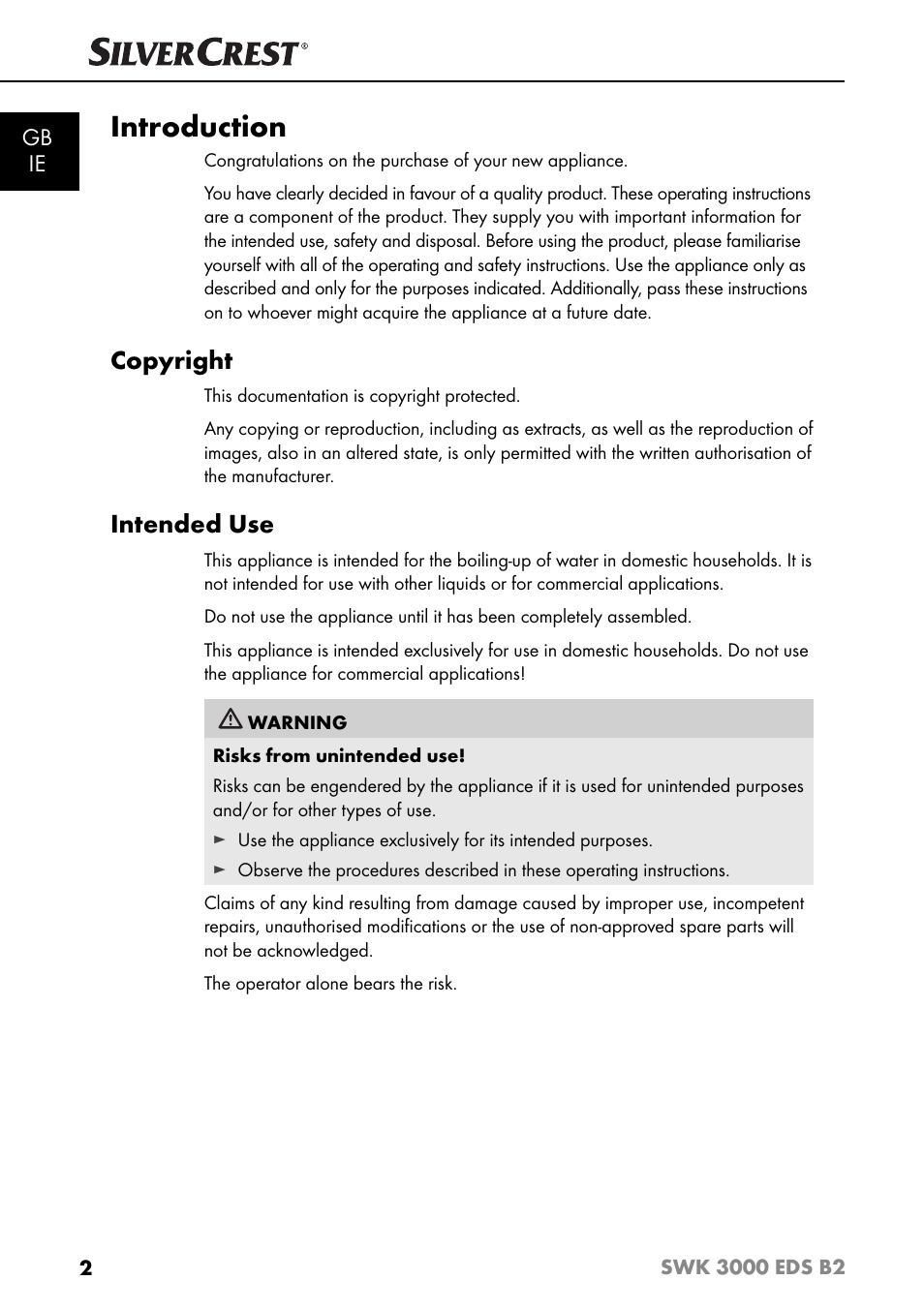Introduction, Copyright, Intended use | Gb ie | Silvercrest SWK 3000 EDS B2 User Manual | Page 5 / 76