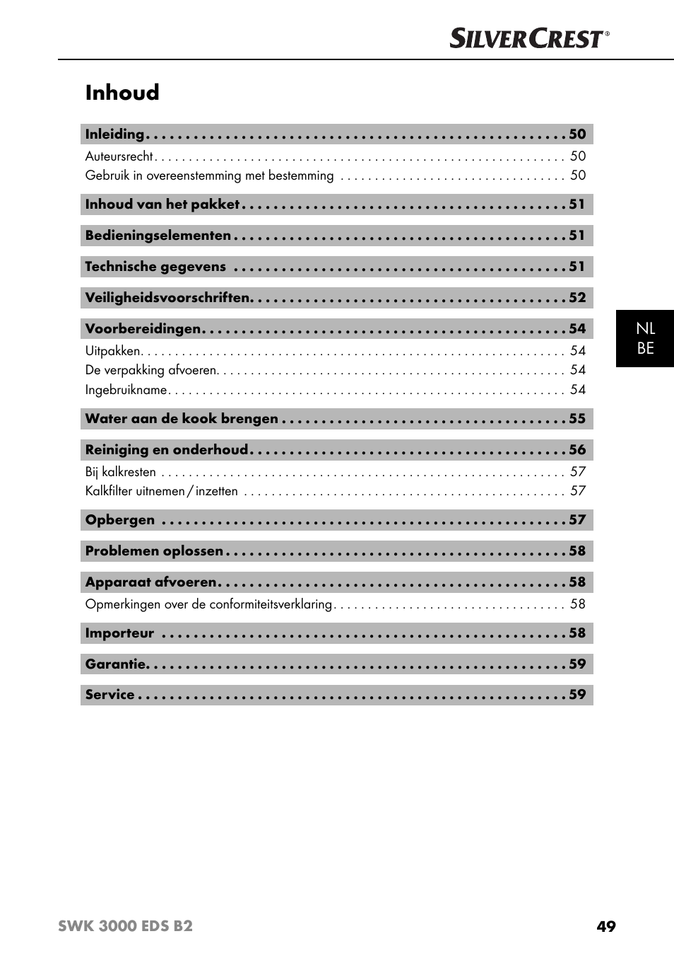 Inhoud, Nl be | Silvercrest SWK 3000 EDS B2 User Manual | Page 52 / 76