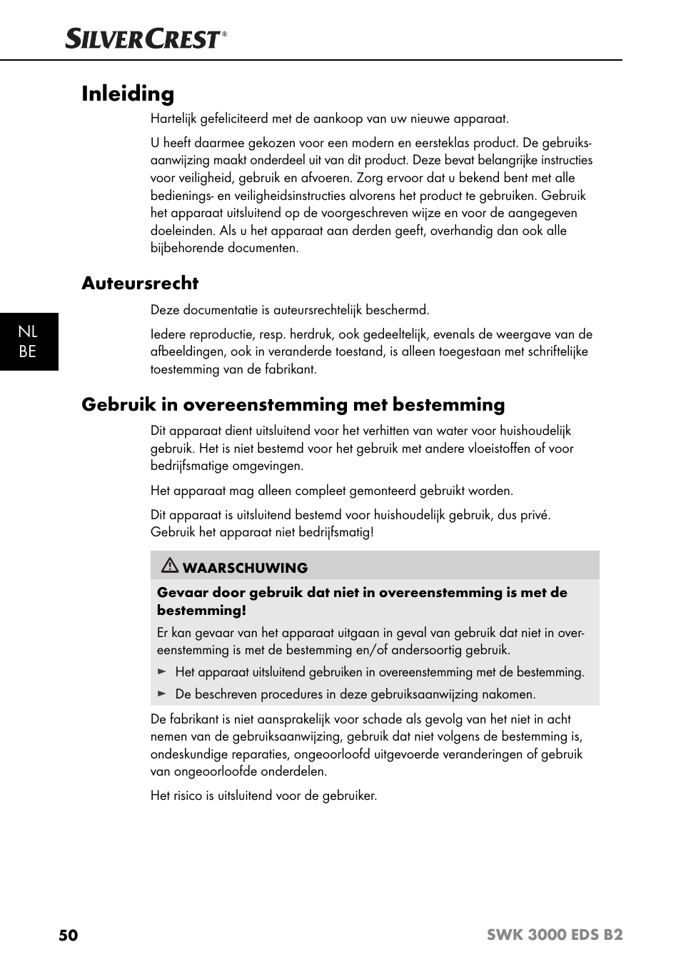 Inleiding, Auteursrecht, Gebruik in overeenstemming met bestemming | Nl be | Silvercrest SWK 3000 EDS B2 User Manual | Page 53 / 76