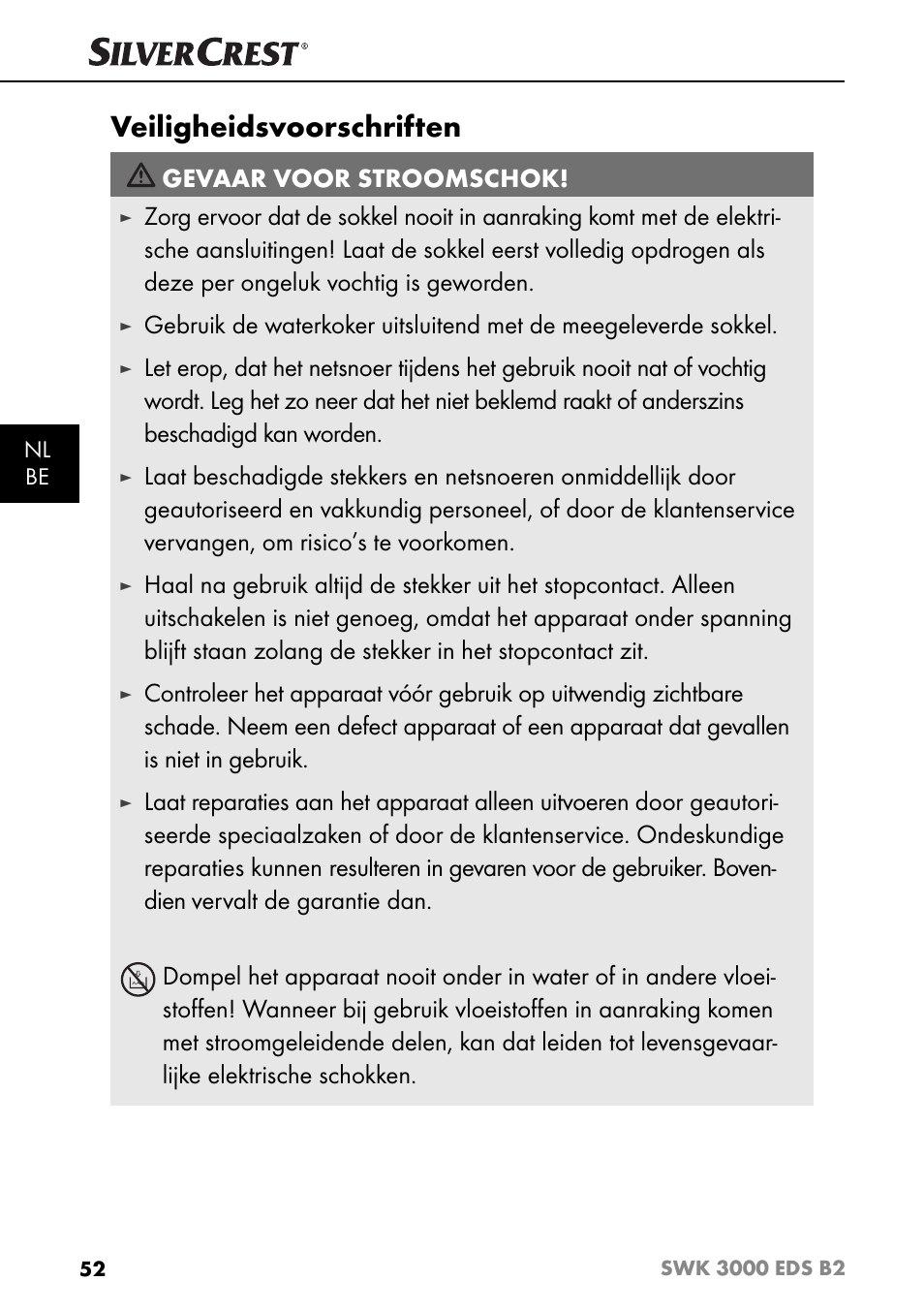 Veiligheidsvoorschriften, Gevaar voor stroomschok | Silvercrest SWK 3000 EDS B2 User Manual | Page 55 / 76