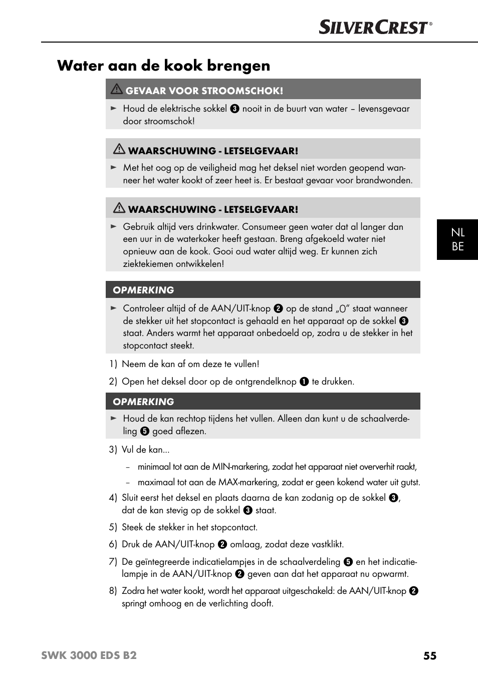 Water aan de kook brengen, Nl be | Silvercrest SWK 3000 EDS B2 User Manual | Page 58 / 76