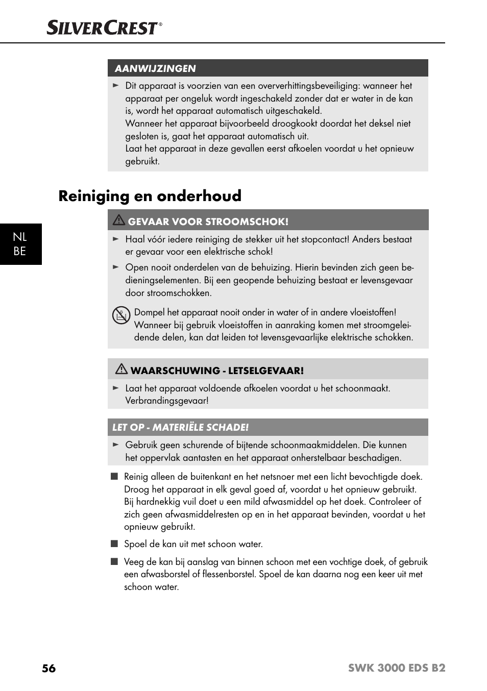 Reiniging en onderhoud, Nl be | Silvercrest SWK 3000 EDS B2 User Manual | Page 59 / 76