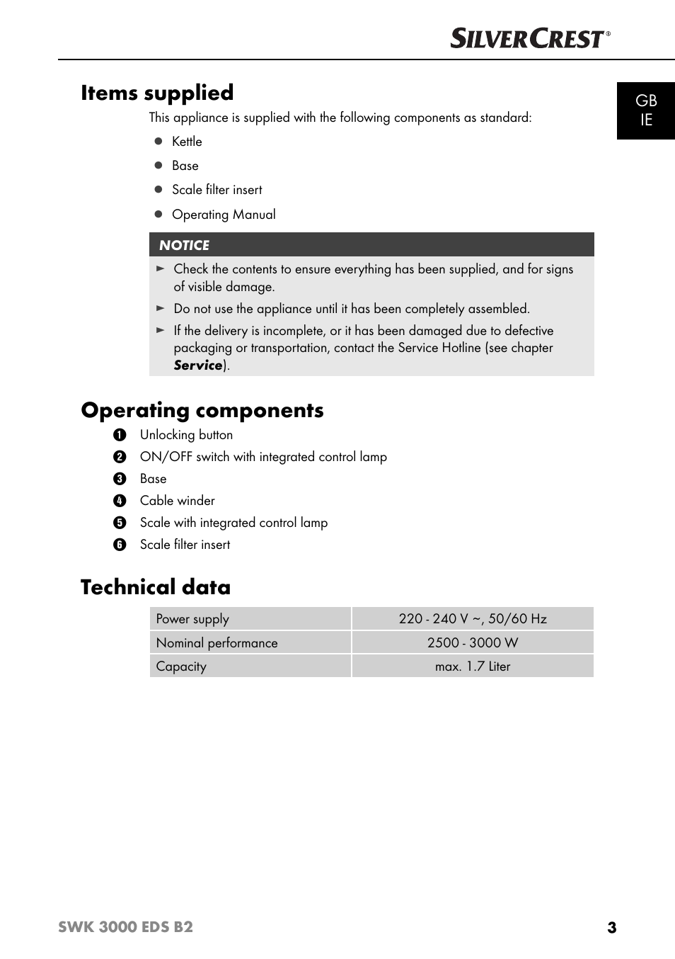 Items supplied, Operating components, Technical data | Gb ie | Silvercrest SWK 3000 EDS B2 User Manual | Page 6 / 76