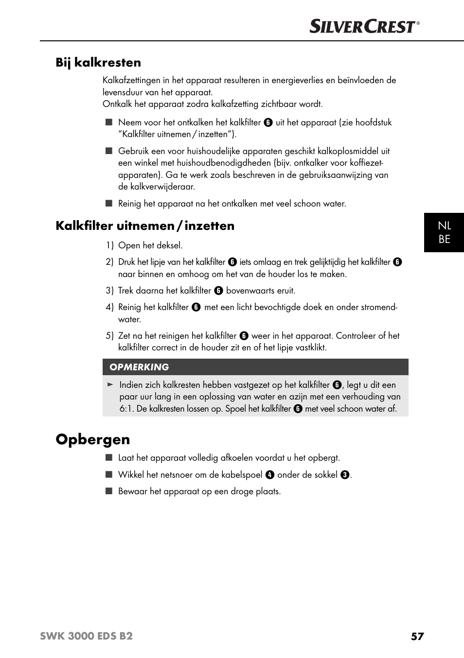 Opbergen, Bij kalkresten, Kalkﬁ lter uitnemen / inzetten | Nl be | Silvercrest SWK 3000 EDS B2 User Manual | Page 60 / 76
