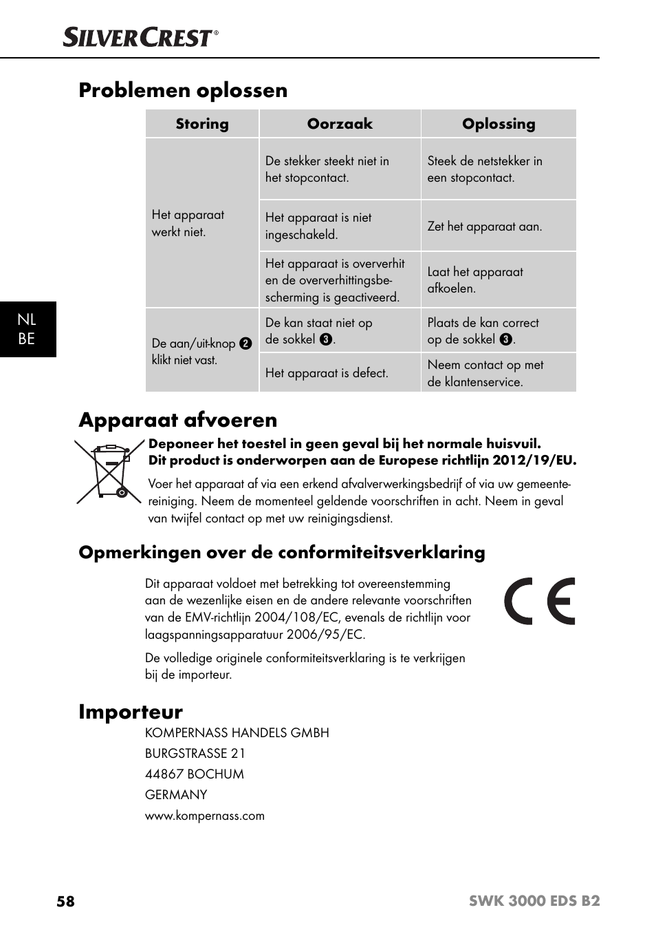 Problemen oplossen, Apparaat afvoeren, Importeur | Opmerkingen over de conformiteitsverklaring | Silvercrest SWK 3000 EDS B2 User Manual | Page 61 / 76