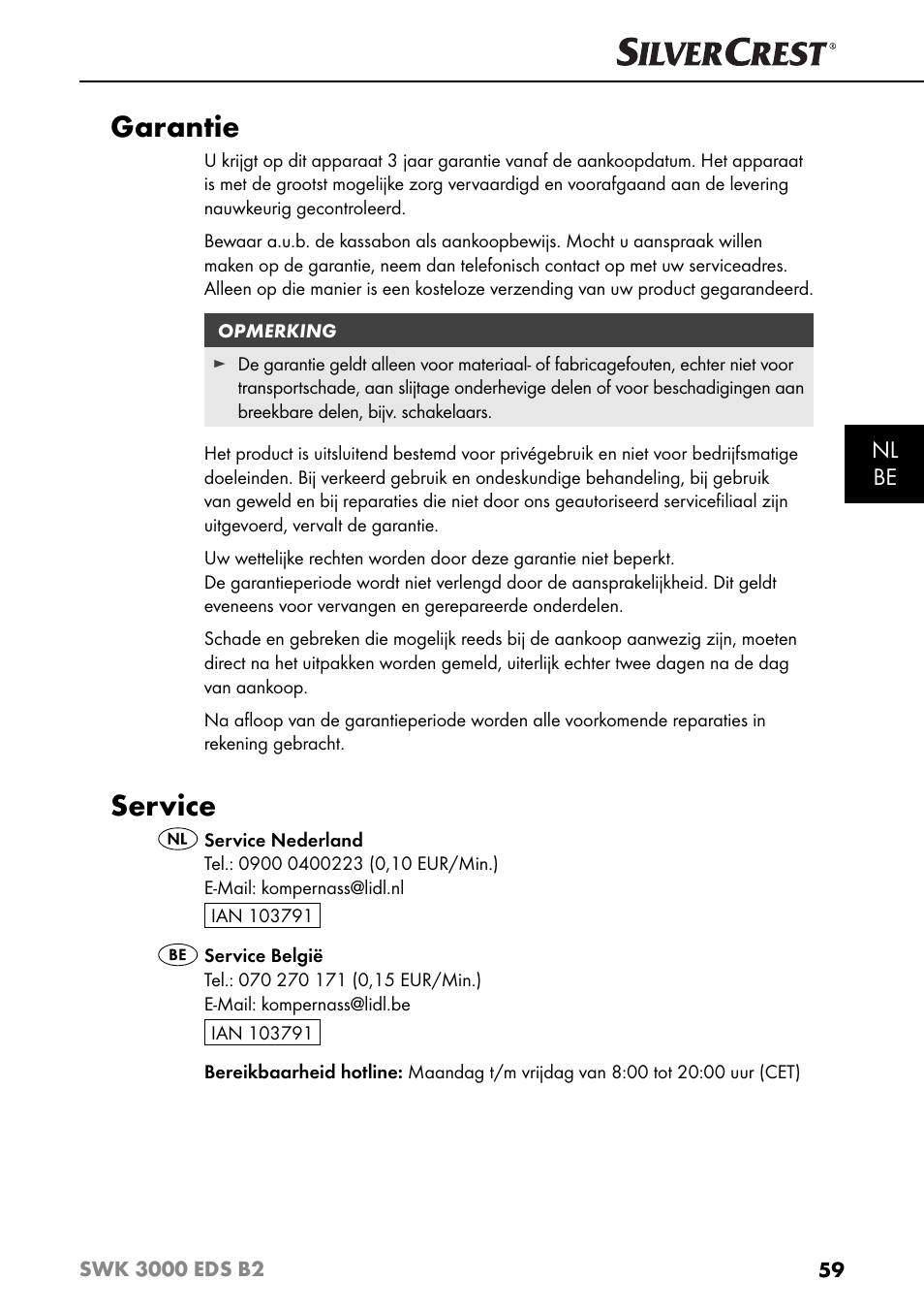 Garantie, Service | Silvercrest SWK 3000 EDS B2 User Manual | Page 62 / 76