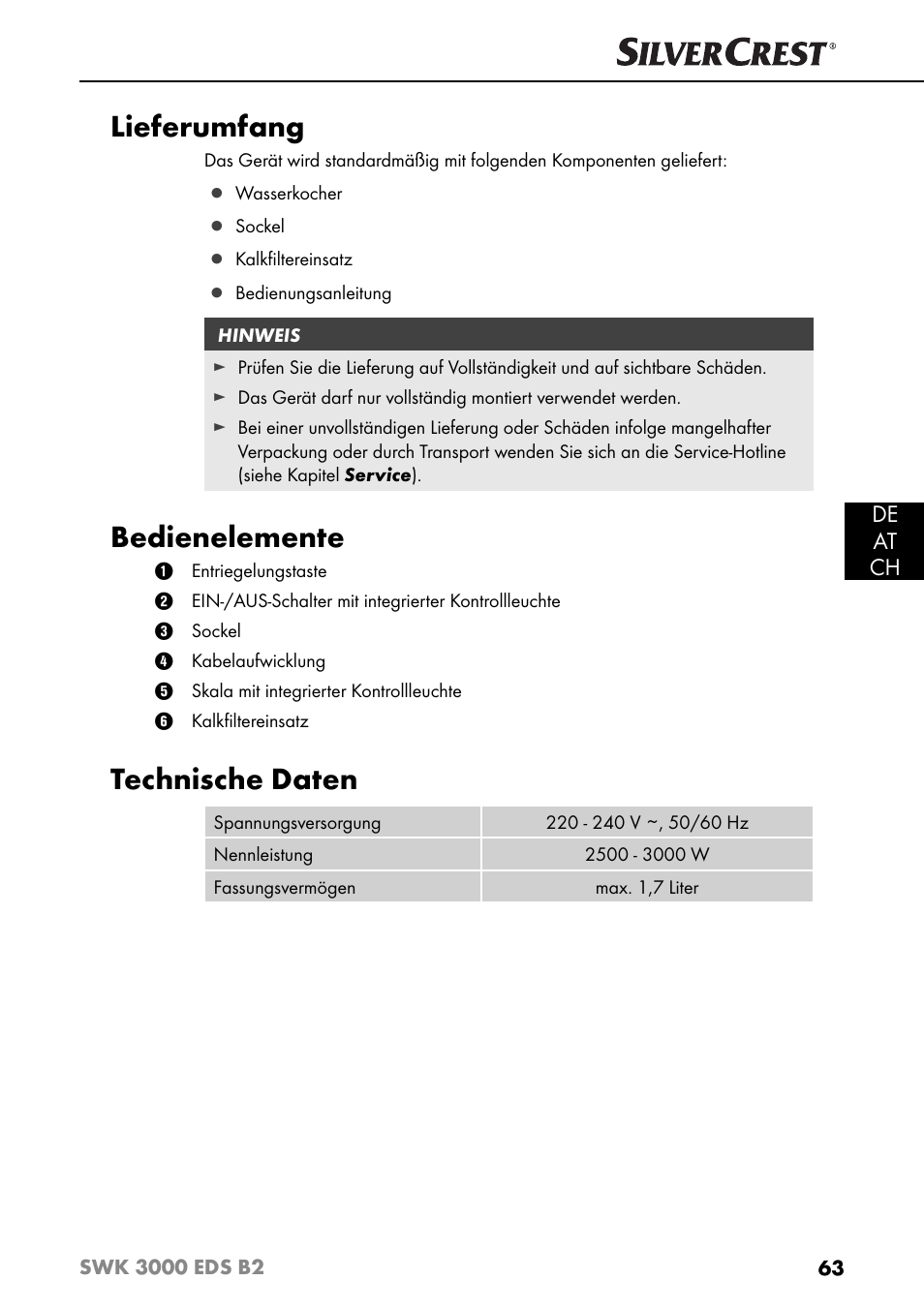 Lieferumfang, Bedienelemente, Technische daten | De at ch | Silvercrest SWK 3000 EDS B2 User Manual | Page 66 / 76