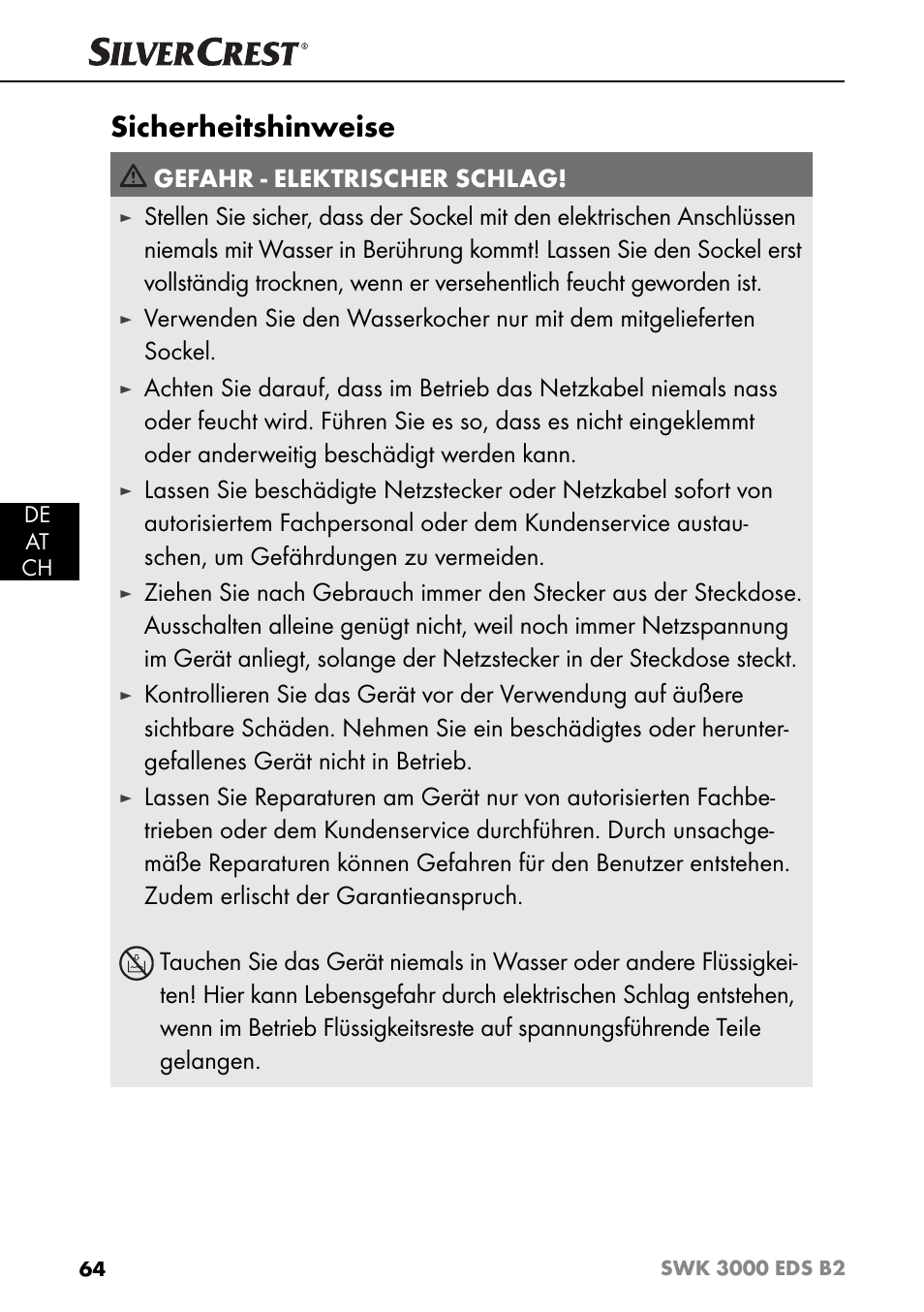 Sicherheitshinweise, Gefahr - elektrischer schlag | Silvercrest SWK 3000 EDS B2 User Manual | Page 67 / 76