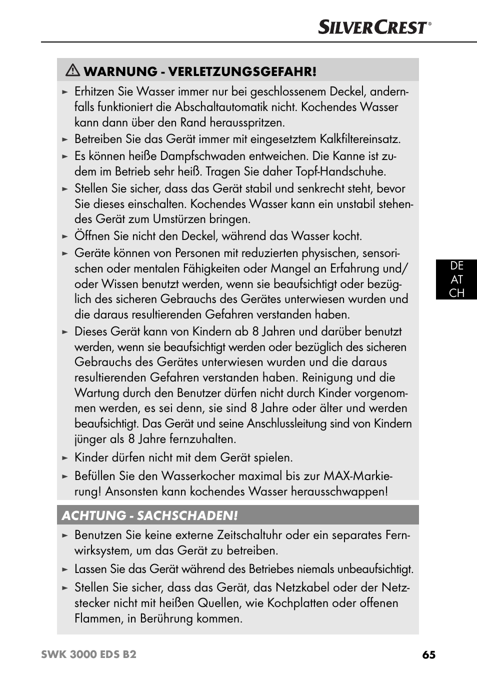 Warnung - verletzungsgefahr, Kinder dürfen nicht mit dem gerät spielen | Silvercrest SWK 3000 EDS B2 User Manual | Page 68 / 76