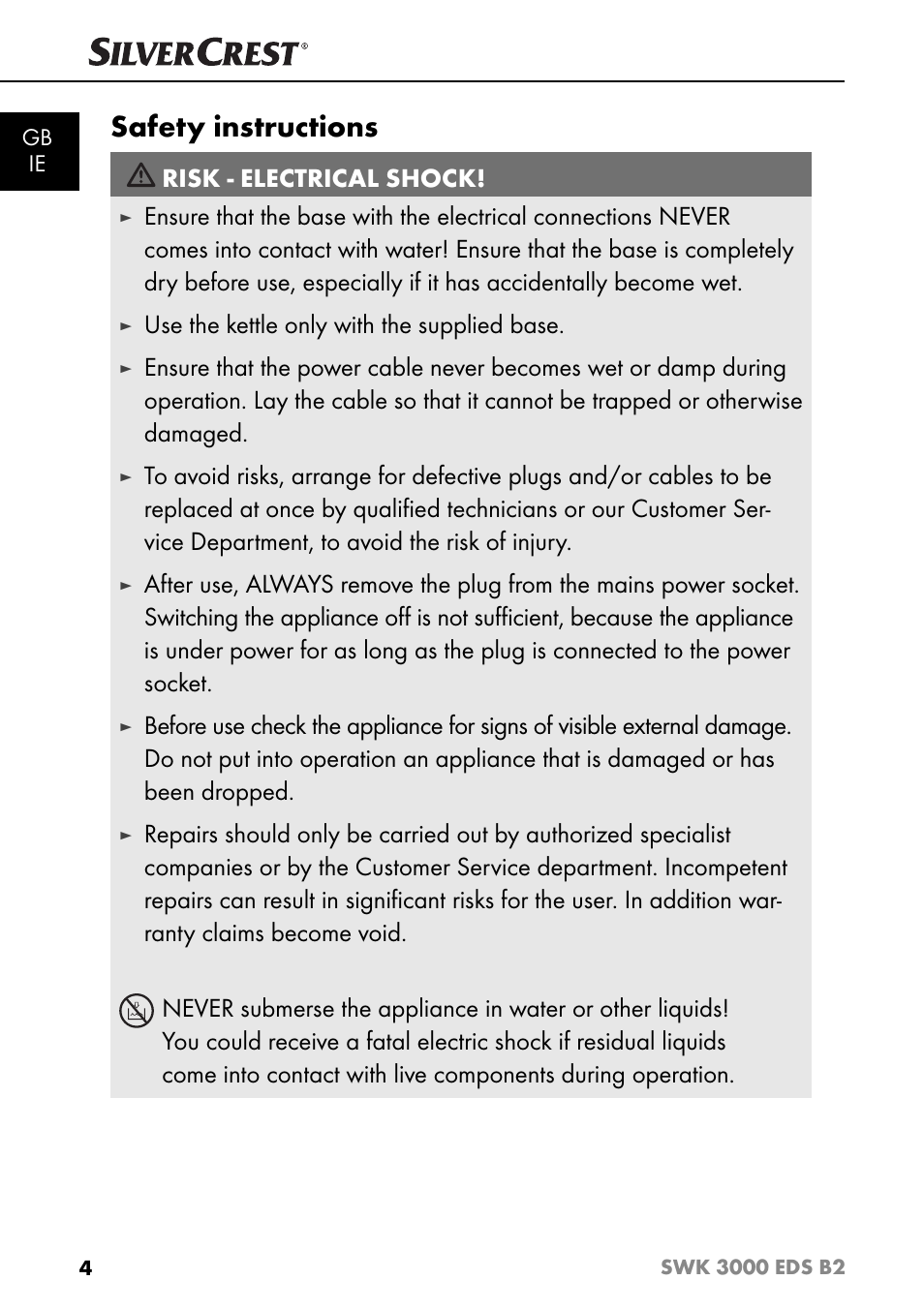 Safety instructions, Risk - electrical shock, Use the kettle only with the supplied base | Silvercrest SWK 3000 EDS B2 User Manual | Page 7 / 76