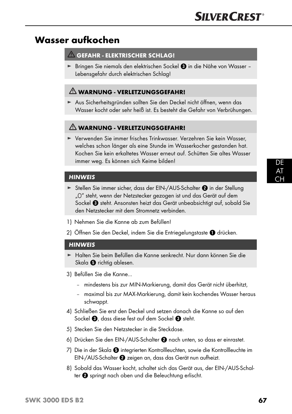 Wasser aufkochen, De at ch | Silvercrest SWK 3000 EDS B2 User Manual | Page 70 / 76