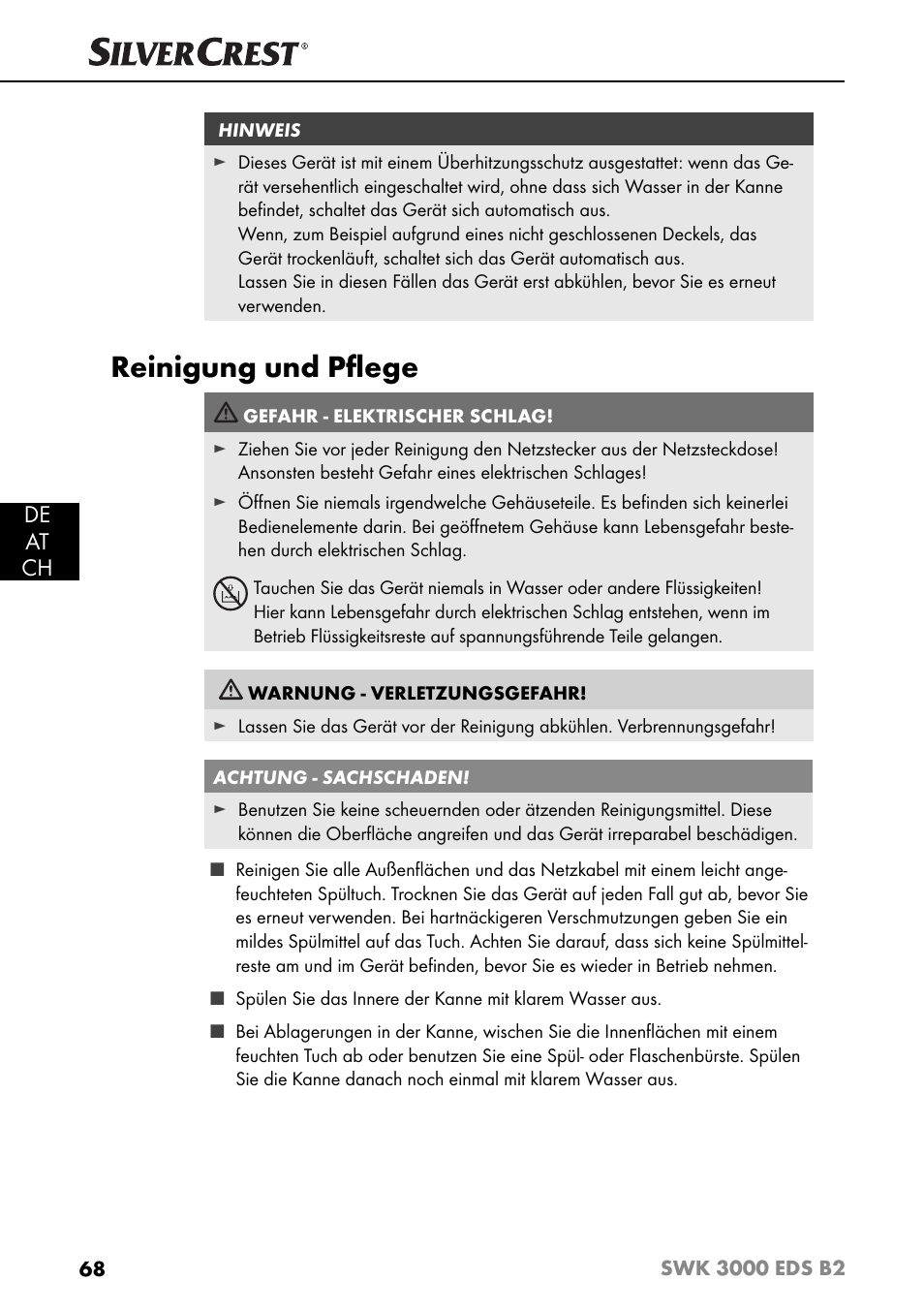 Reinigung und pﬂ ege, De at ch | Silvercrest SWK 3000 EDS B2 User Manual | Page 71 / 76