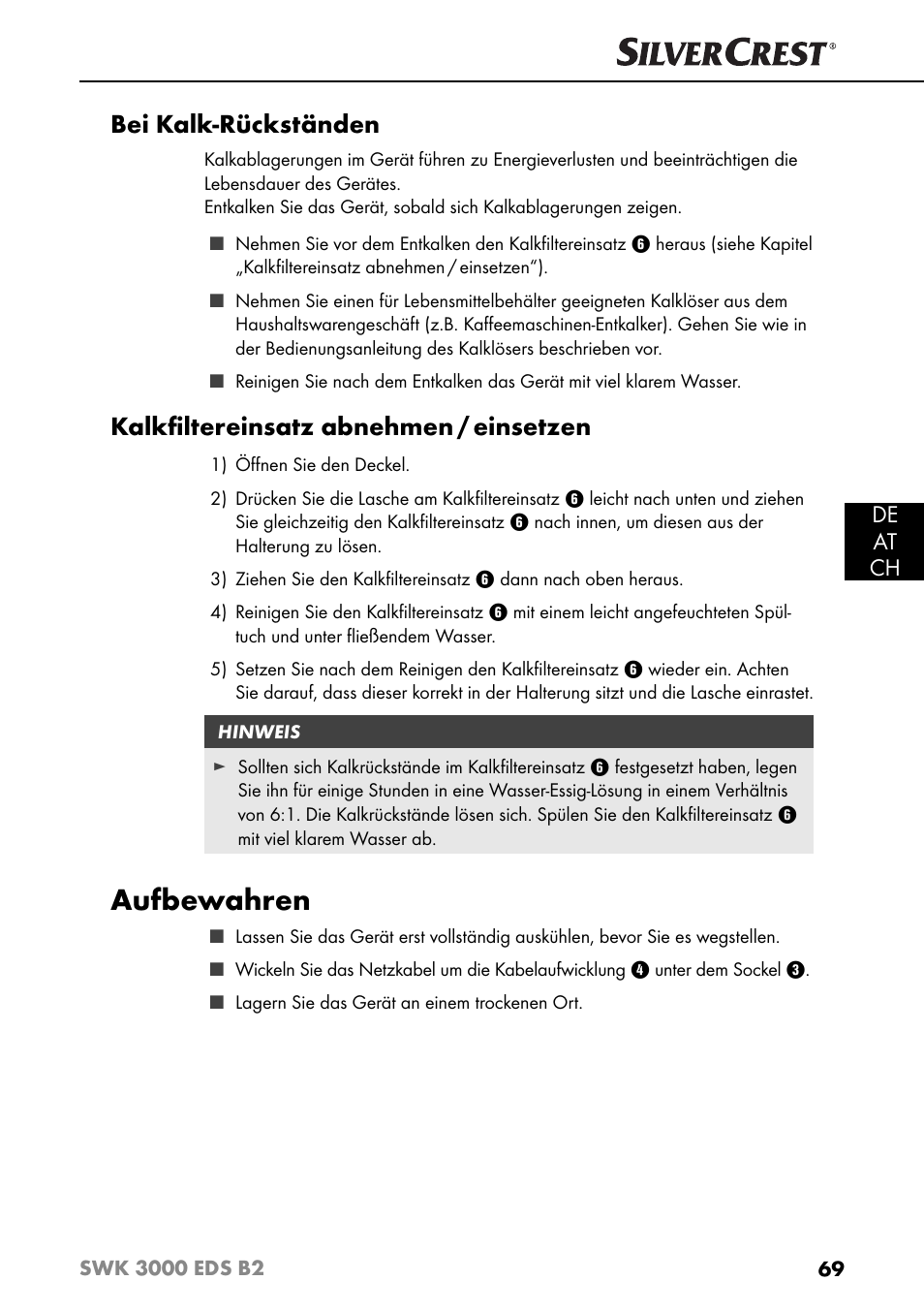 Aufbewahren, Bei kalk-rückständen, Kalkﬁ ltereinsatz abnehmen / einsetzen | De at ch | Silvercrest SWK 3000 EDS B2 User Manual | Page 72 / 76