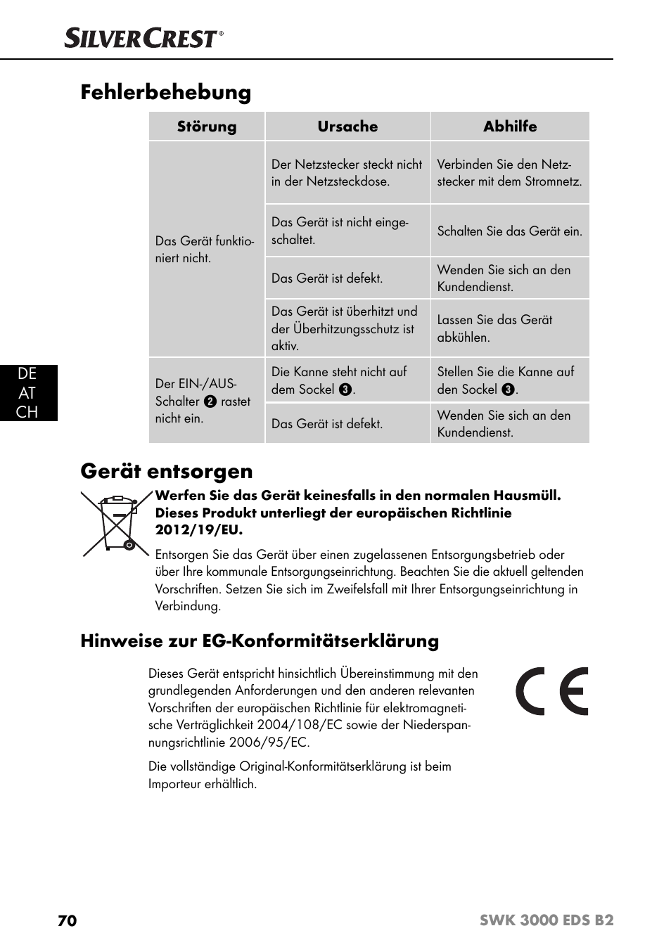 Fehlerbehebung, Gerät entsorgen, Hinweise zur eg-konformitätserklärung | Silvercrest SWK 3000 EDS B2 User Manual | Page 73 / 76