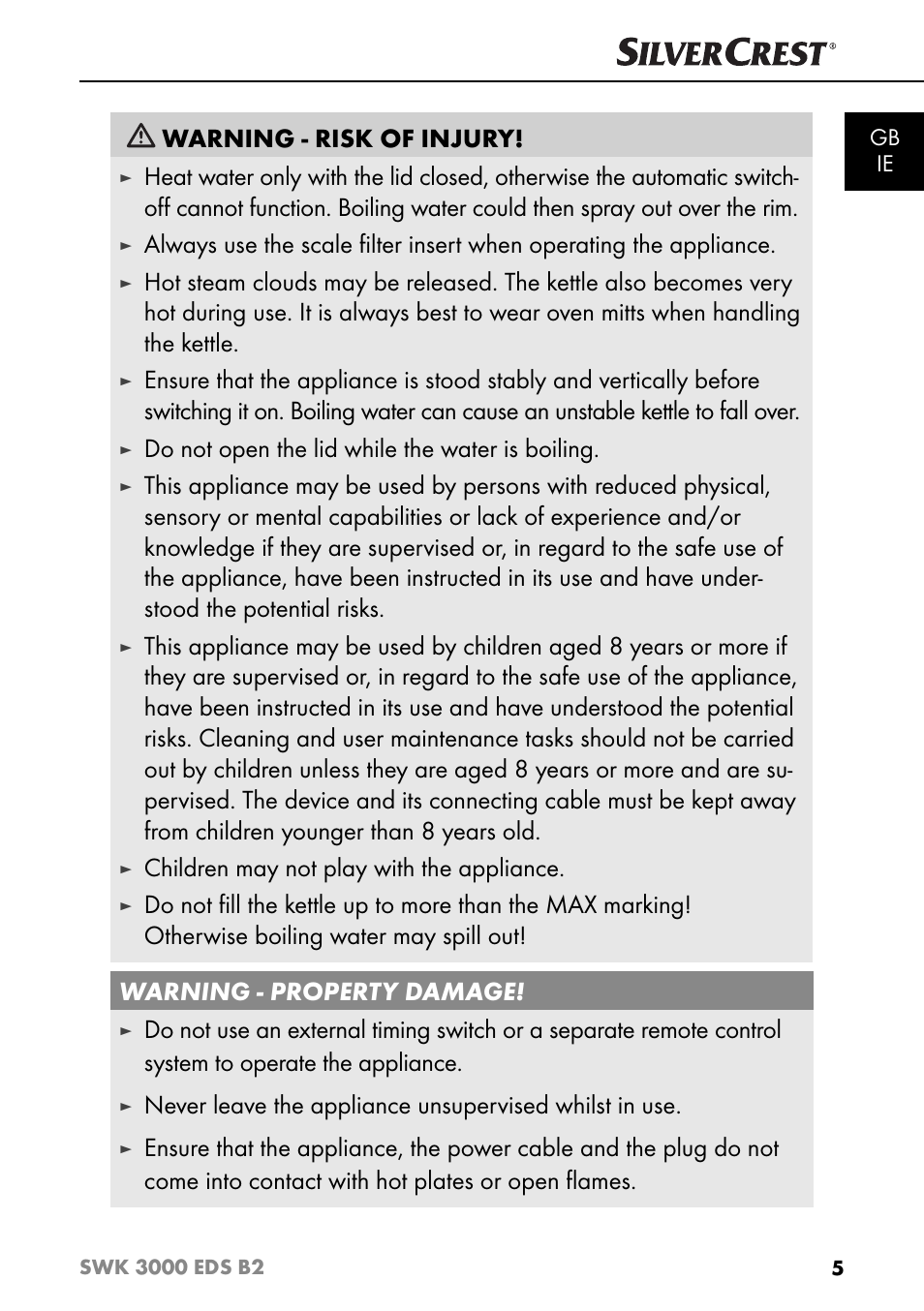 Warning - risk of injury, Do not open the lid while the water is boiling, Children may not play with the appliance | Silvercrest SWK 3000 EDS B2 User Manual | Page 8 / 76