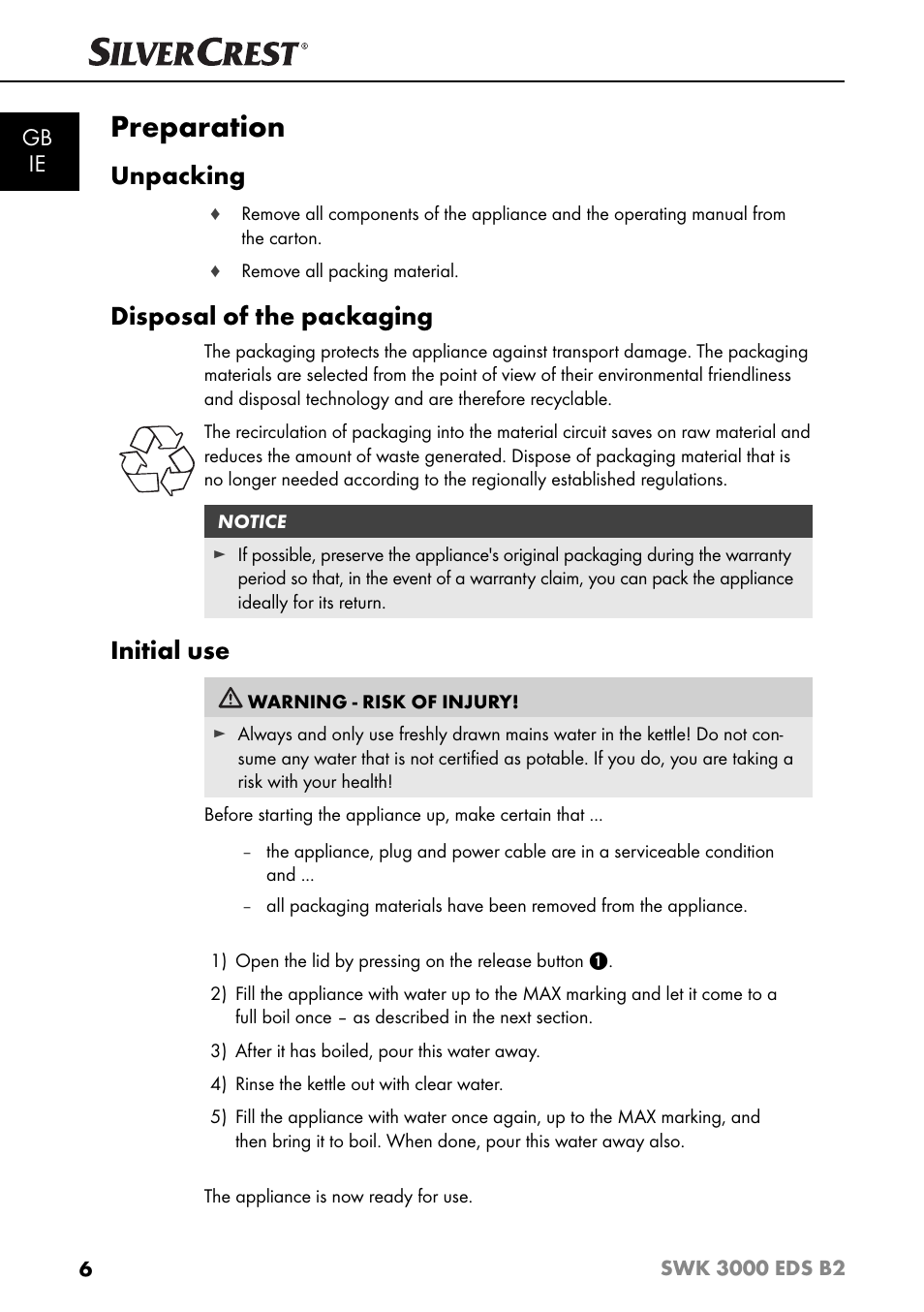 Preparation, Unpacking, Disposal of the packaging | Initial use, Gb ie | Silvercrest SWK 3000 EDS B2 User Manual | Page 9 / 76