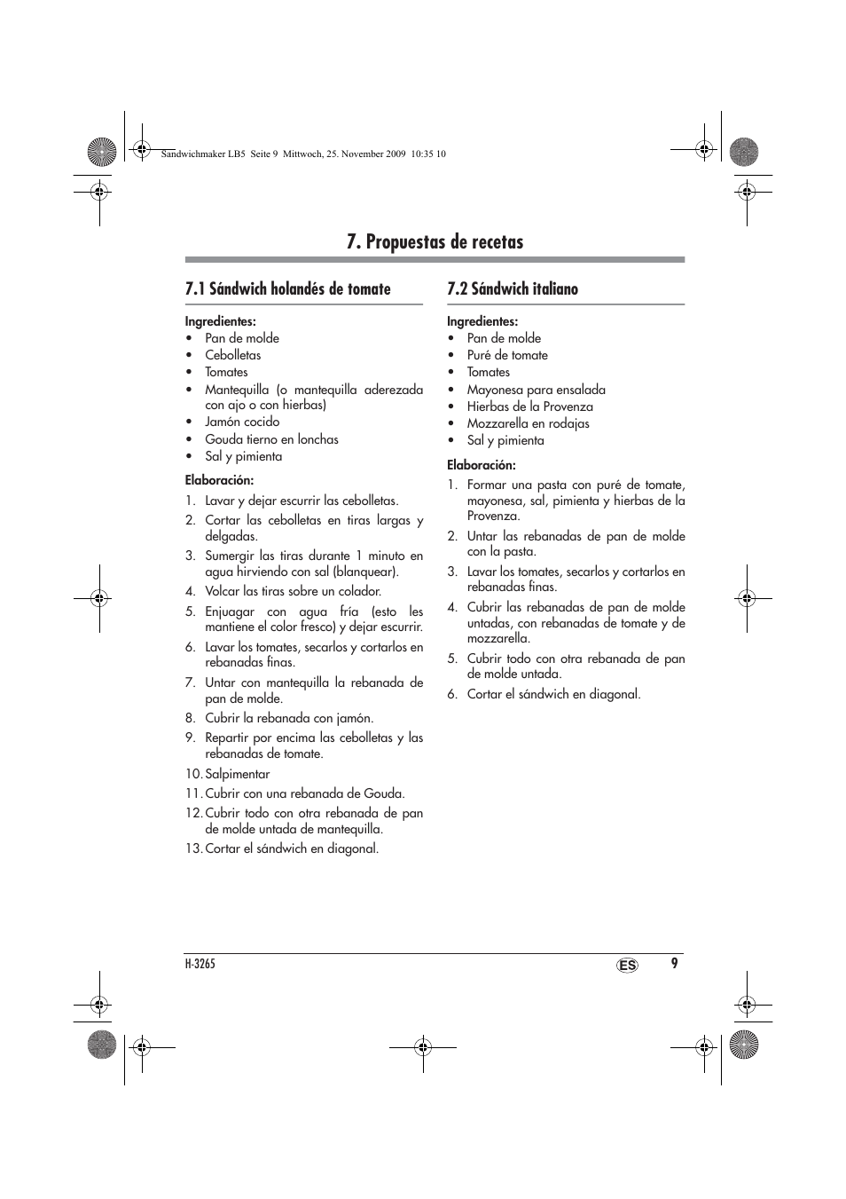 Propuestas de recetas, 1 sándwich holandés de tomate, 2 sándwich italiano | Silvercrest H-3265 User Manual | Page 11 / 38