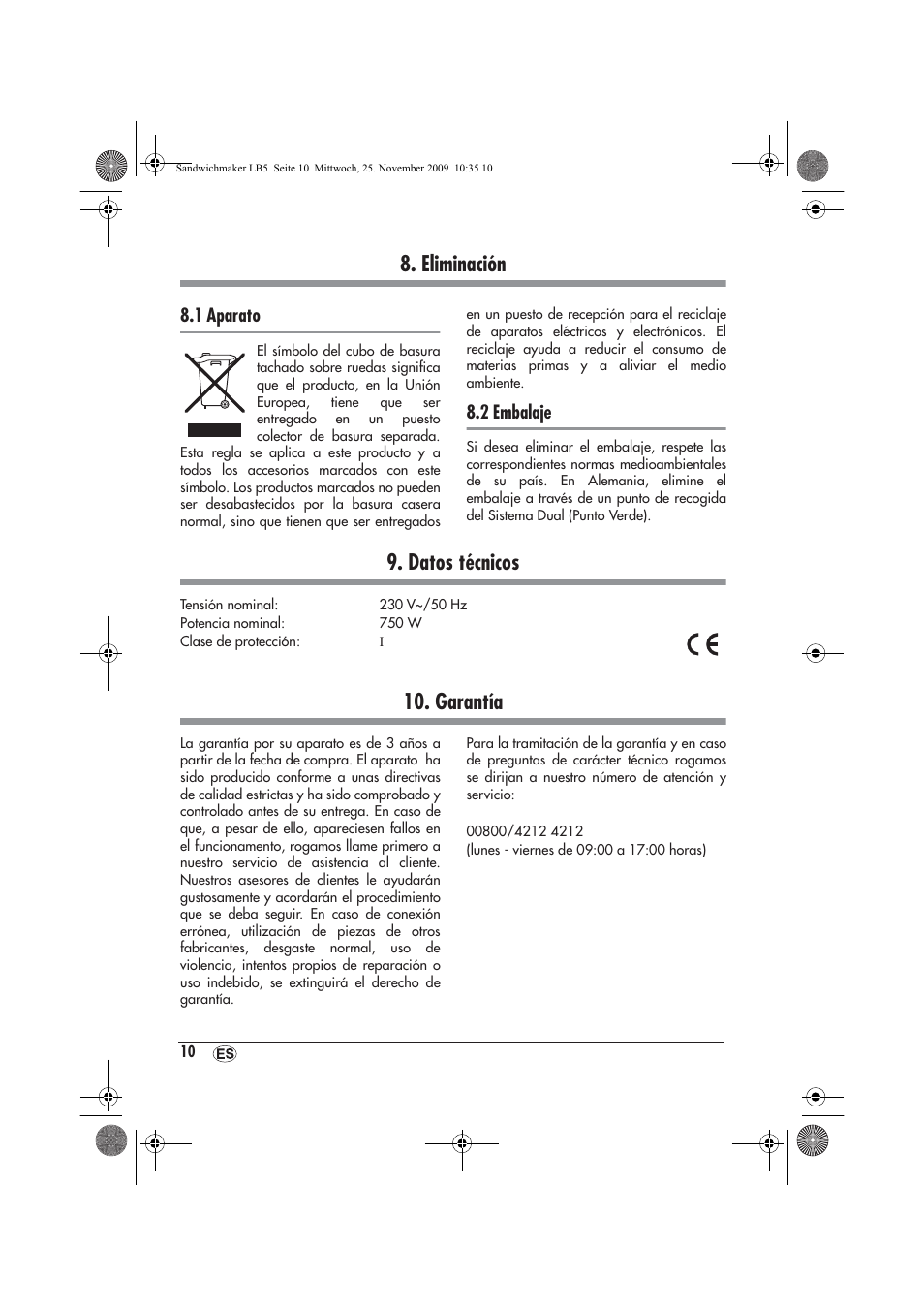 Eliminación, Datos técnicos, Garantía | Silvercrest H-3265 User Manual | Page 12 / 38