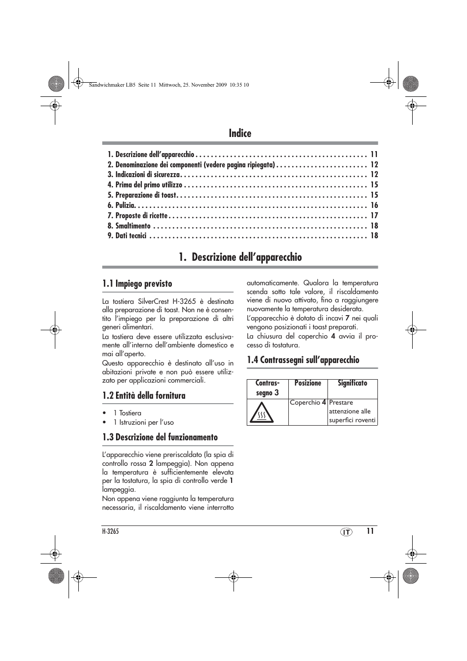 Indice, Descrizione dell’apparecchio | Silvercrest H-3265 User Manual | Page 13 / 38
