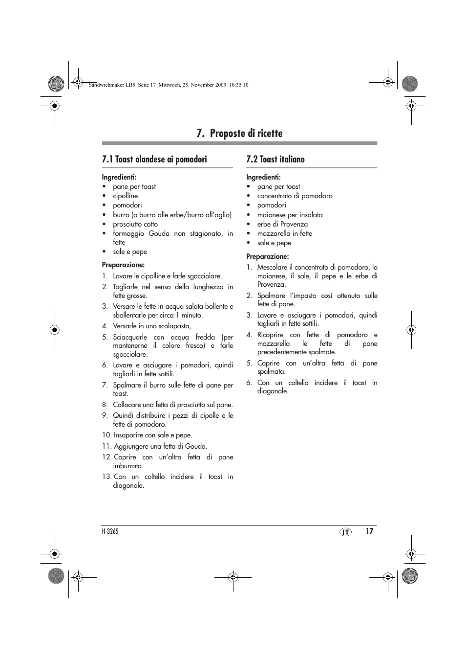 Proposte di ricette, 1 toast olandese ai pomodori, 2 toast italiano | Silvercrest H-3265 User Manual | Page 19 / 38