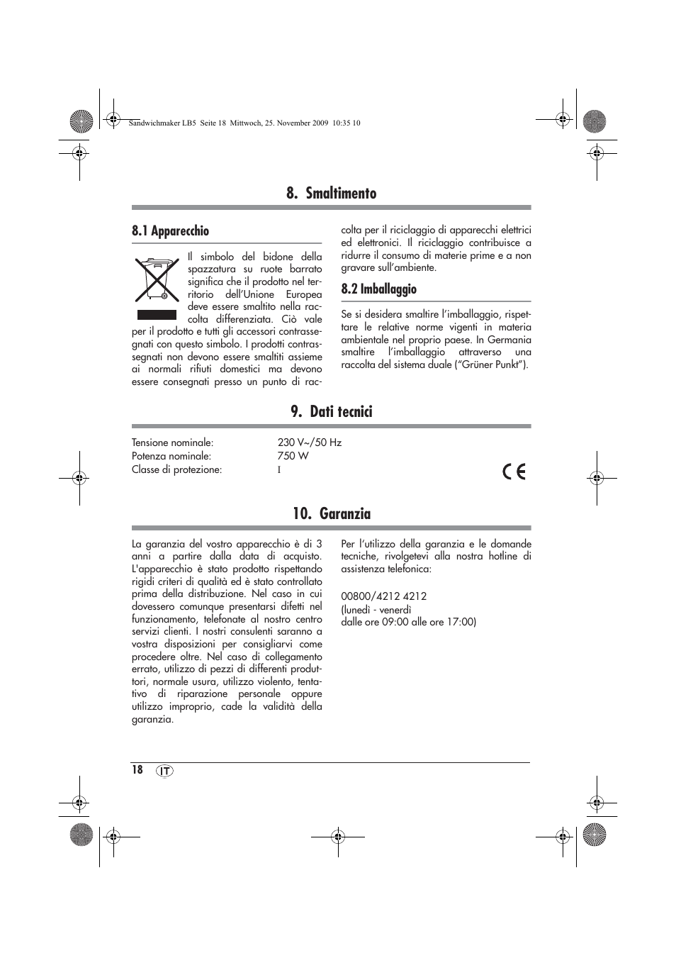 Smaltimento, Dati tecnici, Garanzia | Silvercrest H-3265 User Manual | Page 20 / 38
