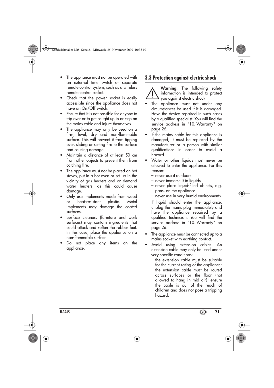 3 protection against electric shock | Silvercrest H-3265 User Manual | Page 23 / 38