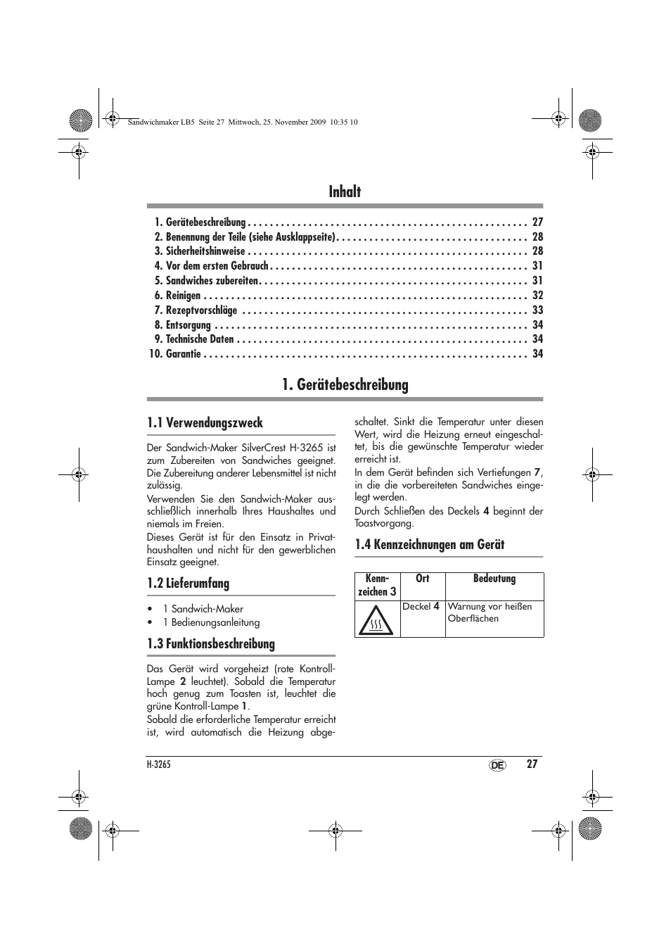 Inhalt, Gerätebeschreibung | Silvercrest H-3265 User Manual | Page 29 / 38