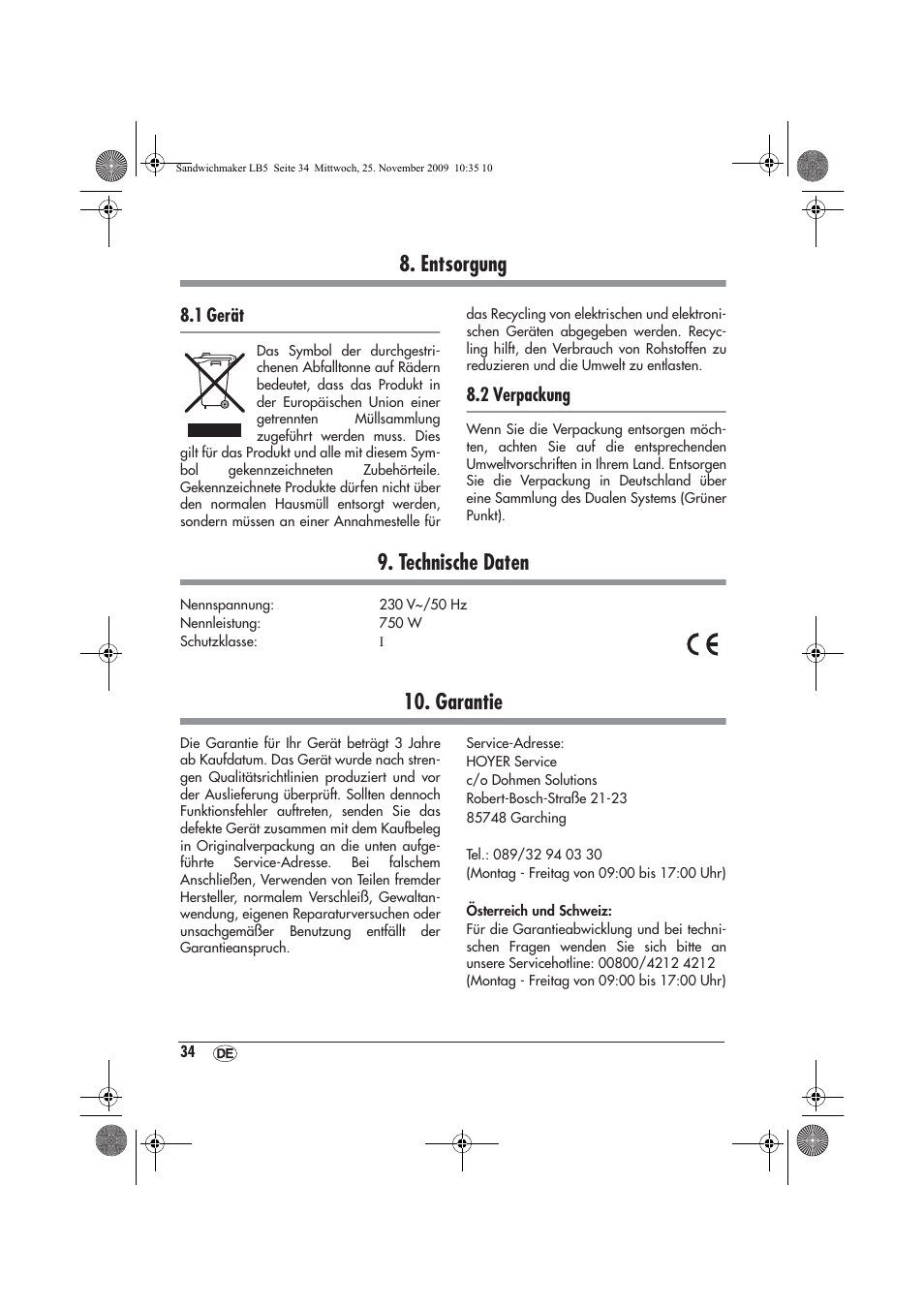 Entsorgung, Technische daten, Garantie | Silvercrest H-3265 User Manual | Page 36 / 38