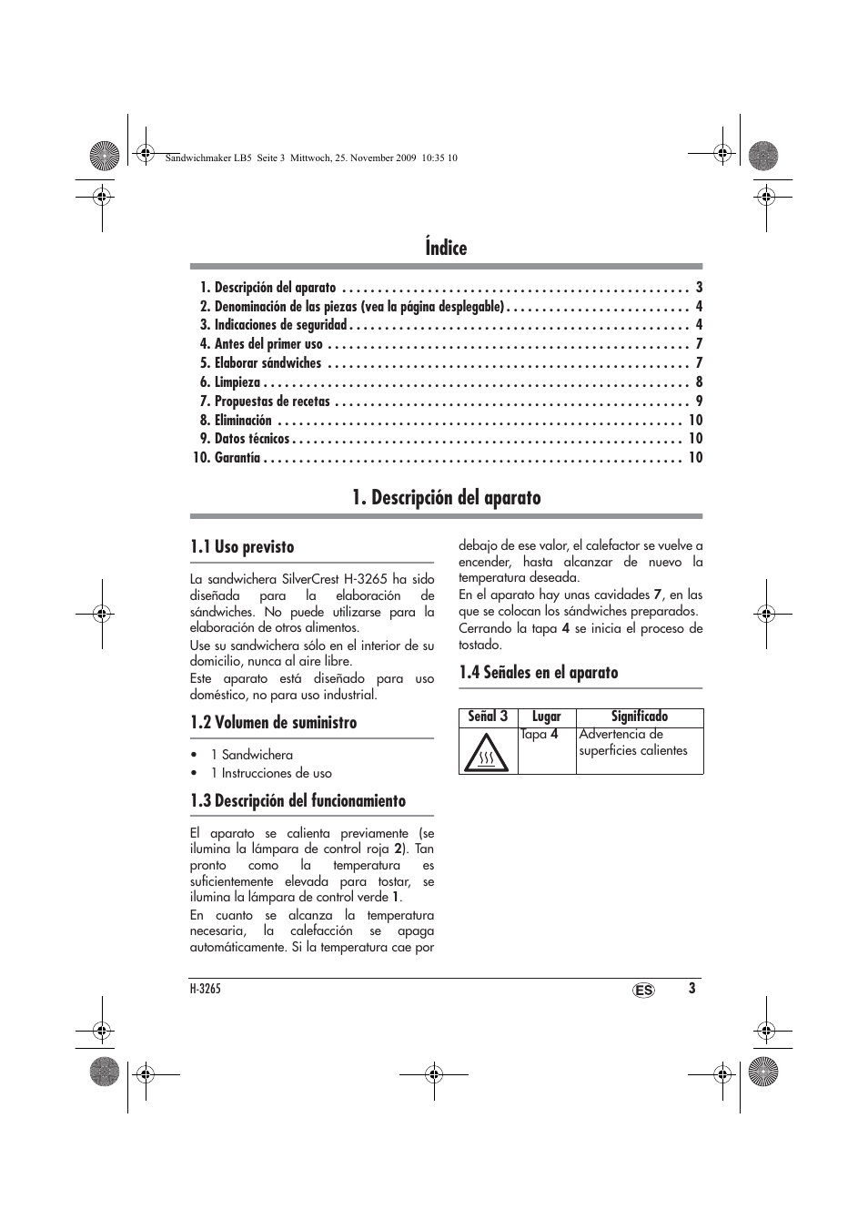 Índice, Descripción del aparato, 1 uso previsto | 2 volumen de suministro, 3 descripción del funcionamiento, 4 señales en el aparato | Silvercrest H-3265 User Manual | Page 5 / 38