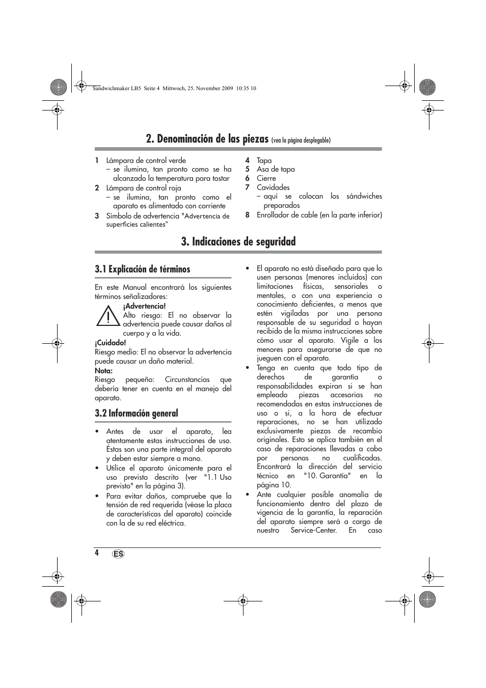 Denominación de las piezas, Indicaciones de seguridad, 1 explicación de términos | 2 información general | Silvercrest H-3265 User Manual | Page 6 / 38