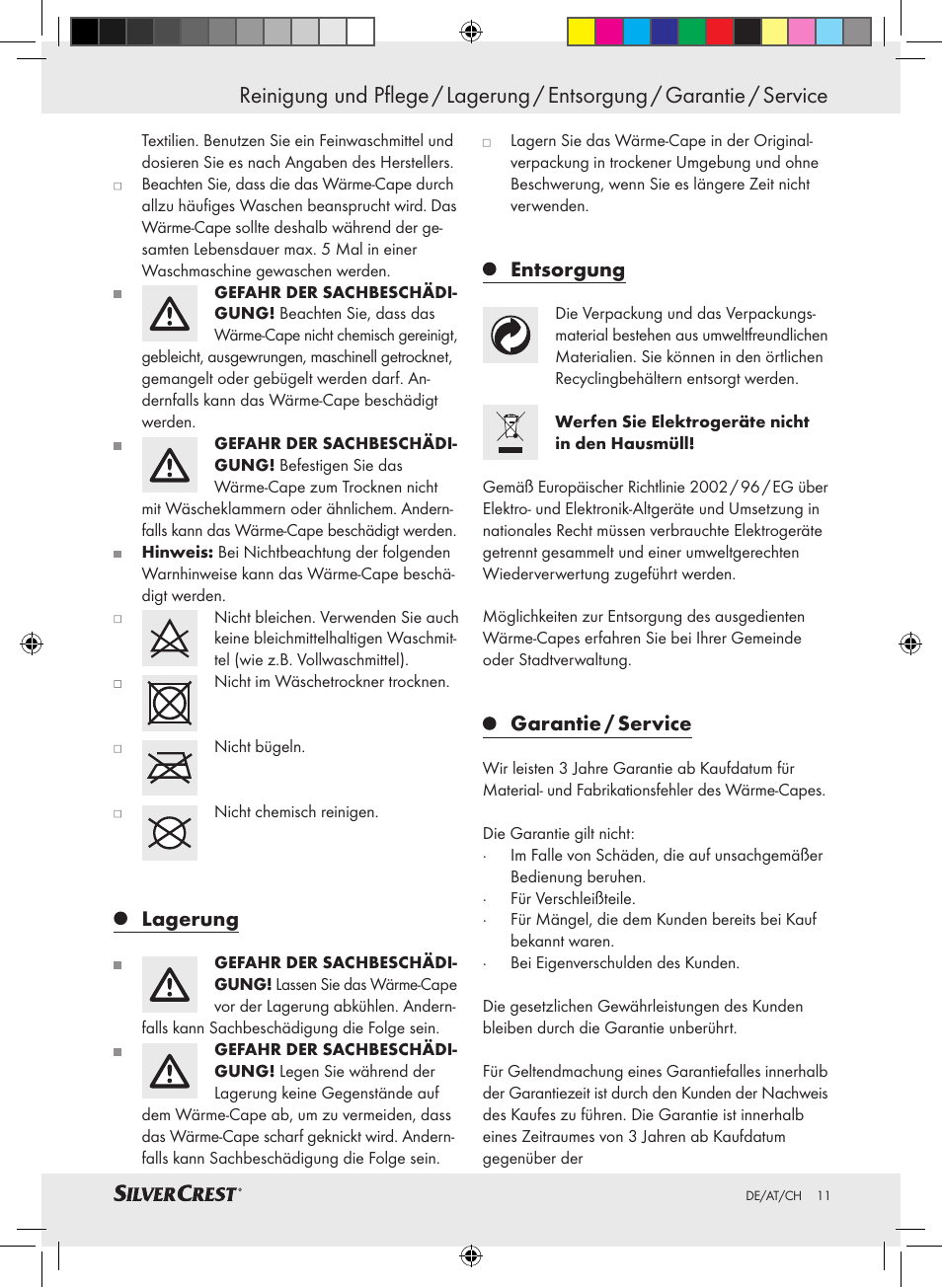 Lagerung, Entsorgung, Garantie / service | Silvercrest SWC 100 A1 User Manual | Page 10 / 44